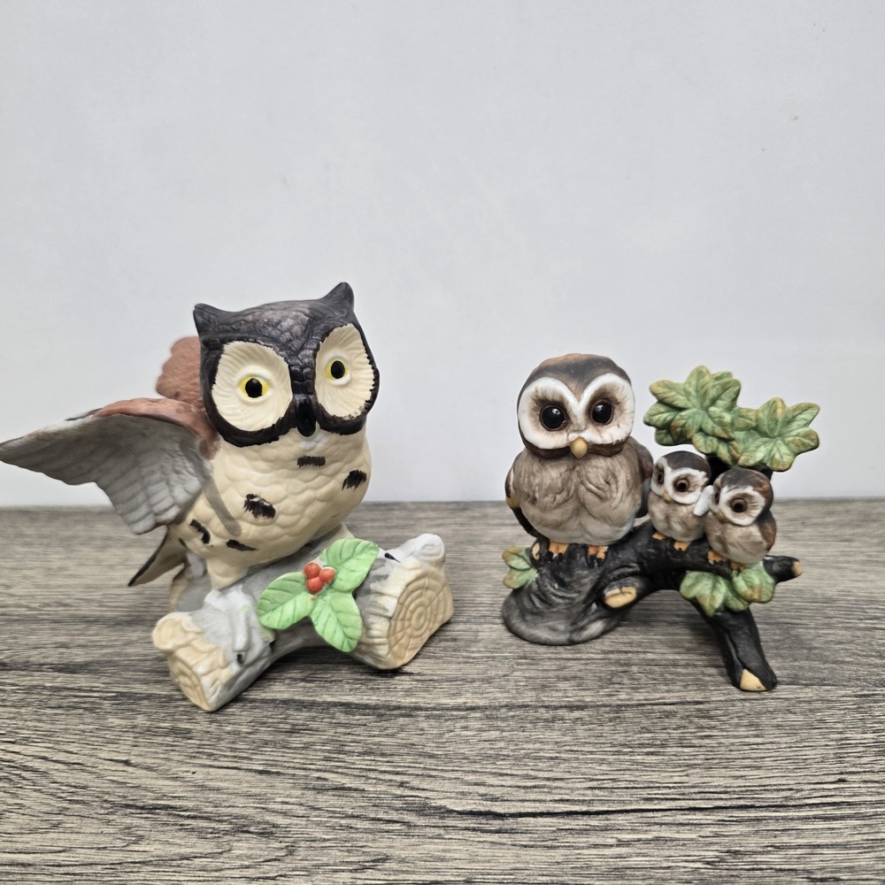 Vintage Owl Figurines Lot Of 2 Porcelain Korea Owl Collectors Baby Birds